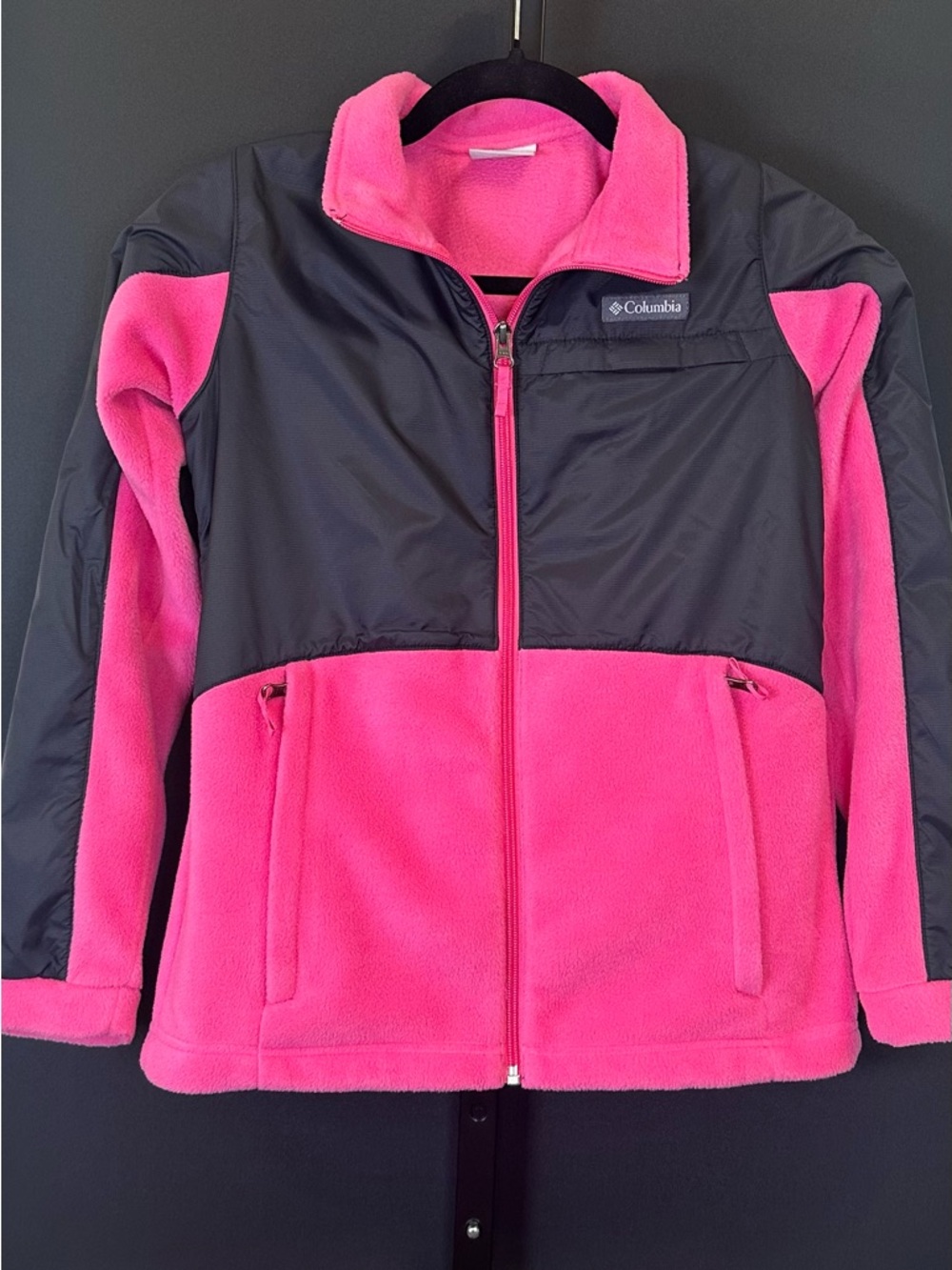 #191- Big Girls Columbia Hot Pink and Black Fleece Jacket with Nylon Panels